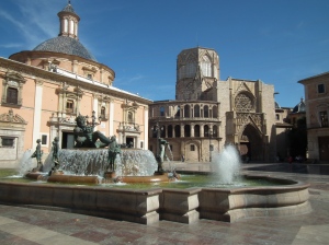 Valencia Cathedral and Neptune Fountain in Plaza de la Virgen, Valencia
